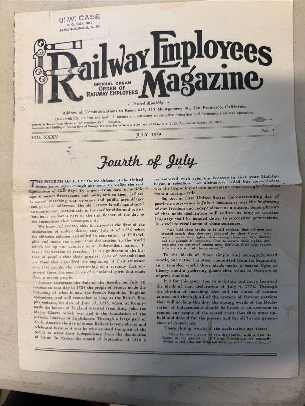Railway Employees Magazine - Fourth of July Cover (July 1939)